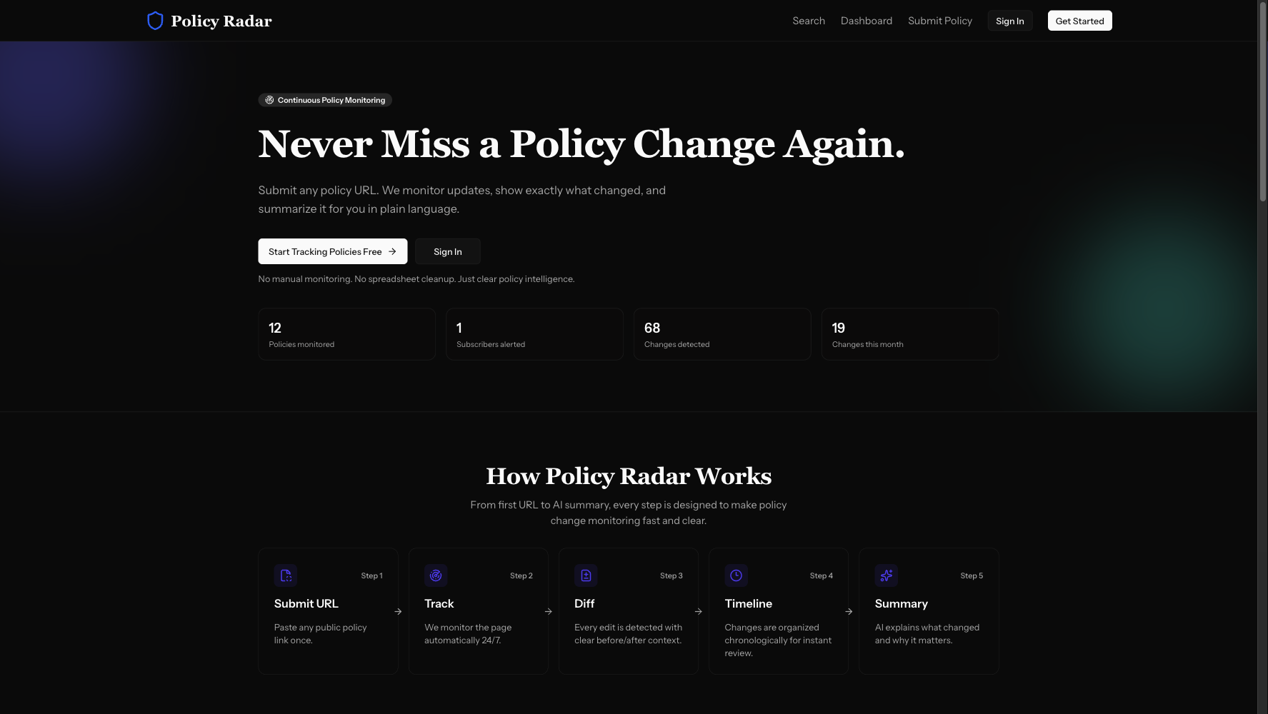 Policy Radar diff preview showing before and after policy content with a plain-language summary.